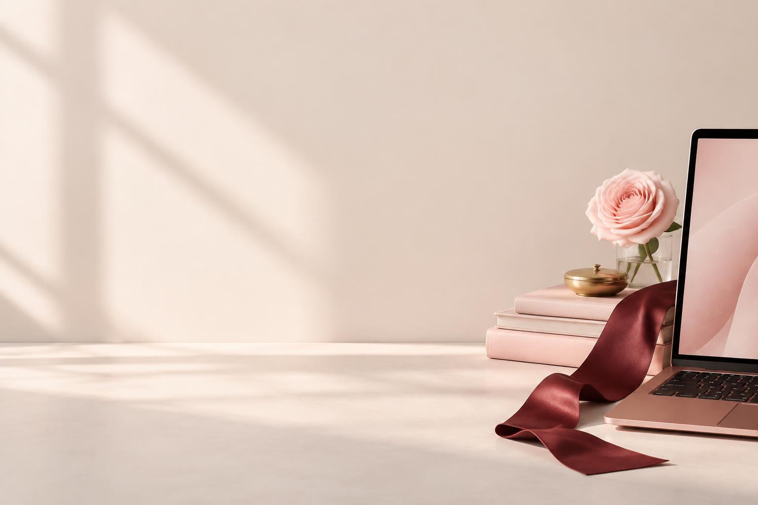 Rose-gold laptop, blush books and a rose in the CRISHocials studio